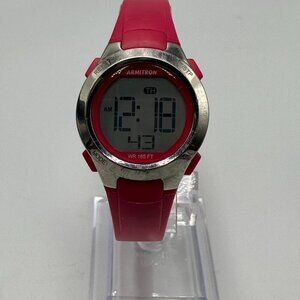 3/$30 Armitron Watch Women Silver Tone Red Round 26MM Dial Silicone Band
